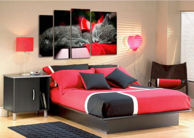 Модульная картина "Кот с красным бантиком"