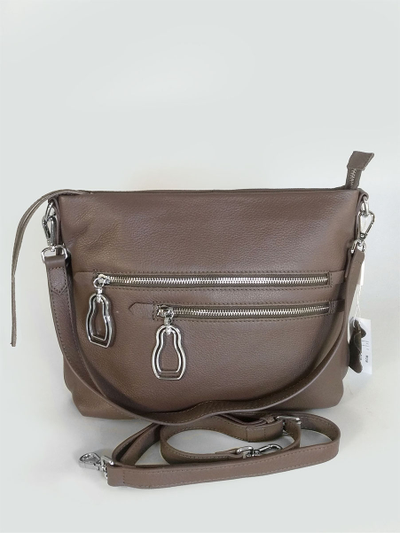 (АРТИКУЛ: 10129/1/5) СУМКА ЖЕНСКАЯ, СРЕДНЕГО РАЗМЕРА, НАТУРАЛЬНАЯ КОЖА, ТЕМНО-БЕЖЕВАЯ, С НАРУЖНЫМИ КАРМАНАМИ, С ПЛЕЧЕВЫМ РЕМНЕМ