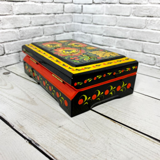 Шкатулка для хранения украшений Цветы черная 120*80 мм с росписью Хохлома