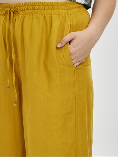 Летние брюки широкие на кулисе из вискозы со льном (горчич)