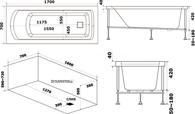 Акриловая ванна Bas Аякс 170x70 см, с каркасом схема
