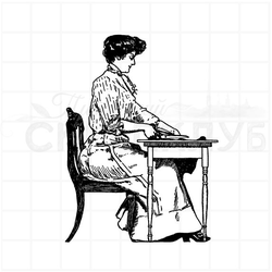 Винтажный штамп с портнихой за столом за раскроем ткани