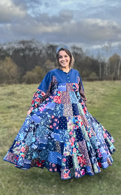 Лоскутное платье в русском стиле "Вечерний Звон" синий