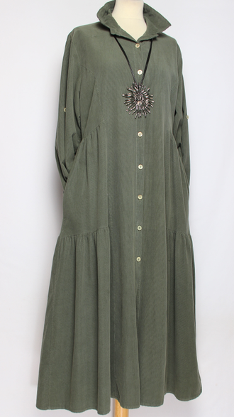 Платье-рубашка Бохо "Вельвет карманы ярусы" горчичное, хаки до р.52