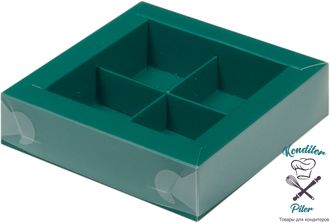 Коробка на 4 конфеты с пластиковой крышкой 120*120*30 мм, зеленая матовая