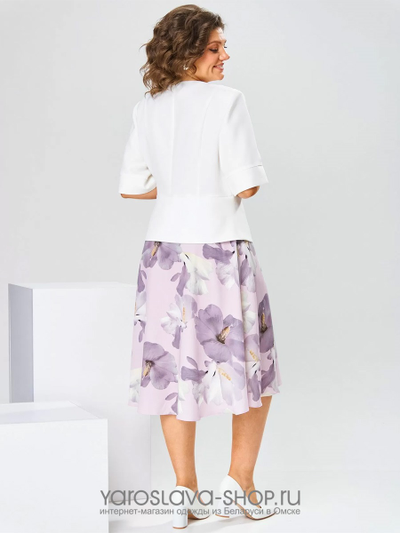 Платье-имитация костюма с белым жакетом и юбкой лавандового цвета