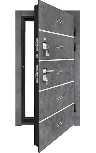 Дверь металлическая "Флагман Монарх Z" Бетон графит/Ясень белый + вставки и хром. Молдинг
