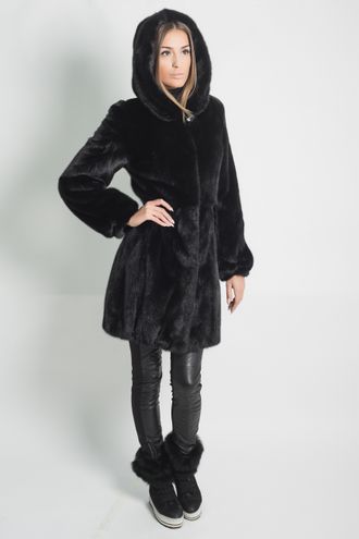 Шуба норковая  с капюшоном женская Лилия натуральный  мех   зимняя, черная АРТ.Д-047