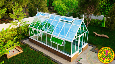 Теплица из стекла и алюминия ЧЕСТЕРФИЛД-ЭЙР с украшением на кровлю