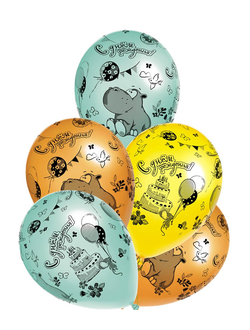 Шар 14"/35 см "С Днем Рождения" Бегемотик с тортом, пастель, Бельгия