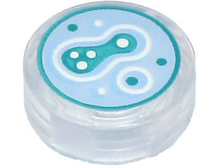 Tile, Round 1 x 1 with Bright Light Blue, Dark Turquoise, and White Cell Culture in Petri Dish Pattern, Trans-Clear (98138pb284 / 6384069)