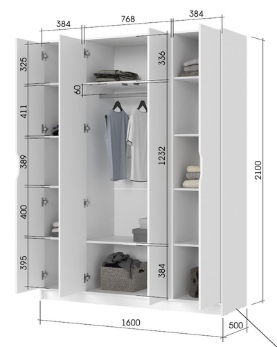 Руна ШК-04 Шкаф 4-х створчатый Белый/Белый