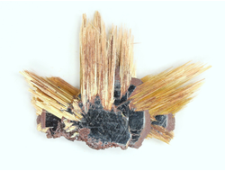 Редкость! Рутил свободного роста, сростки "звезды" золотистых игольчатых кристаллов на кристаллах гематита, Бразилия (31*23*4 мм, 2,8 г) №37921