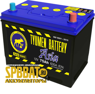 Аккумулятор Тюмень Азия 75Ач ток 630А (TYUMEN BATTERY Asia) 6СТ-75LR (Ca/Ca) О/П (266х173х220) обратная полярность - +