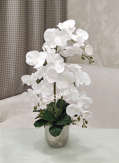 Композиция орхидея белая кашпо малое серебро № ОР027