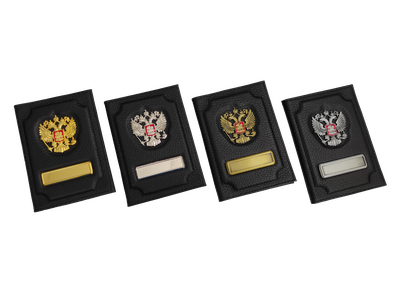 Обложка черная из кожи флотер для авто документов с гербом РФ и вставкой под линзу