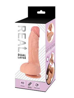 Реалистичный фаллоимитатор REAL Dual Layer с мошонкой на присоске, dual PVC, 15.5 х4,6 см.