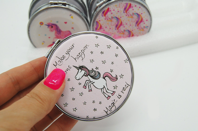 Зеркальце карманное двойное с блестками (ТИП: Бабочки, Единорог)