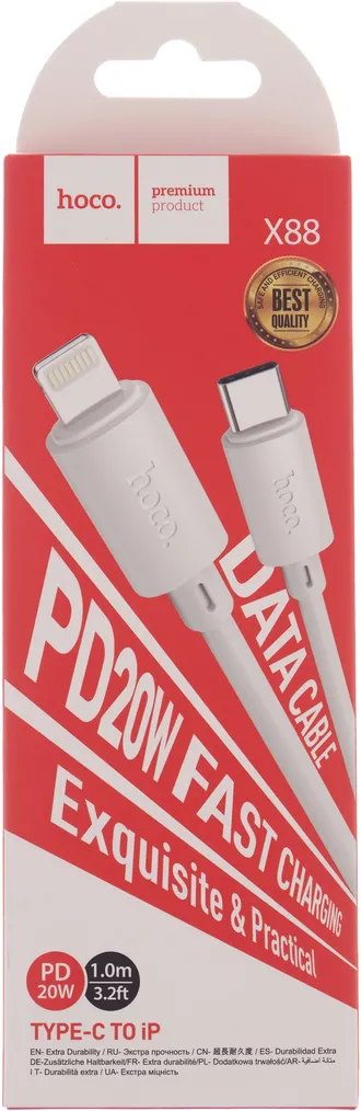 6931474783288	 Кабель USB-C HOCO X88 Gratified, Type-C - Lightning, 3A, 20W, 1 м, белый