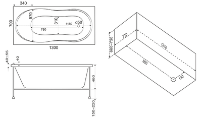 Акриловая гидромассажная ванна BAS Лима 130х70