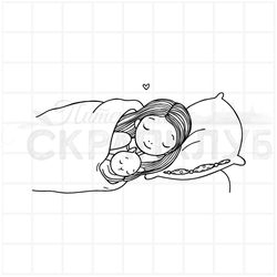 штамп девочка с кошкой спит на подушке