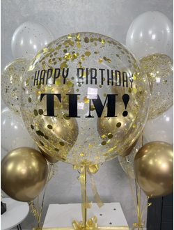 Коробка-сюрприз белая с 7 шарами внутри + фонтан из 7 шаров и баблс рядом