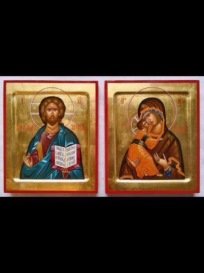 Венчальная пара. Образ Спасителя. Образ Пресвятой Божией Матери “Владимирская”. Рукописные иконы 17,5х21см в киотах.
