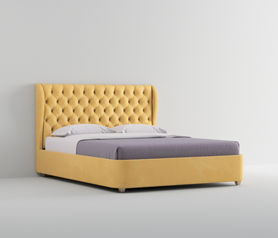 Современная дизайнерская кровать Леон, мягкое высокое изголовье, катерная стяжка, фанера, усиленная металлом, с подъемным механизмом и бельевым ящиком