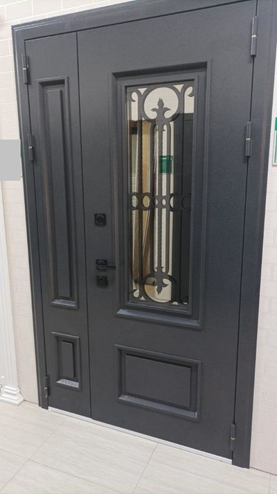 1200*2050. ВИЛЛАДЖ  115 мм. СТАЛЬ 1,5 мм. ГРАФИТ БУКЛЕ/ МРАМОР НАТУРАЛЬНЫЙ/ КОВКА ВНУТРИ СТЕКЛОПАКЕТА