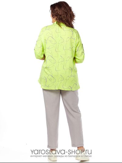 Брючный комплект 2-ка из хлопка серого цвета блуза с абстрактным принтом