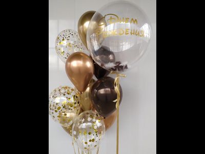 Композиция шаров: 3 конфетти + 7 хром + Баблс с надписью и перьями (СиК)