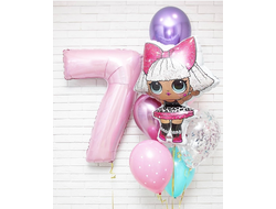 Композиция "кукла LOL" включает в себя (2 однотонных шаров, 2 шара хром, 1 шар с конфетти", 1 шар с рисунком,  фольгированная фигура ЛОЛ, 1 цифра 102 см )