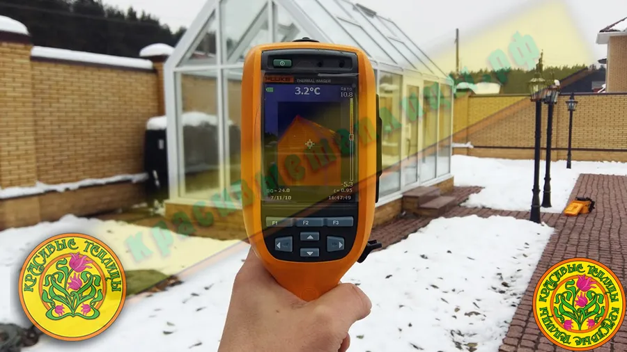 Измерение тепловой эффективности в теплице из алюминия и стекла по индивидуальному проекту Красивые Теплицы.