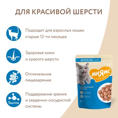 Мнямс влажный корм (пауч) для красивой шерсти у кошек, кусочки в соусе с форелью 85 г