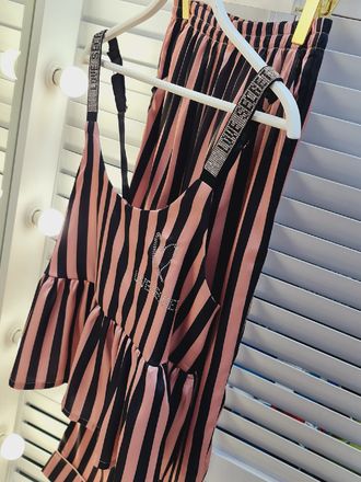 Топ и брюки со стразами Виктория Сикрет черно-розовая полоска
