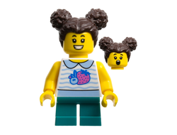 Child - Girl, White Collared Shirt with Fruit, Dark Turquoise Short Legs, Dark Brown Hair with Buns, n/a (cty1520)