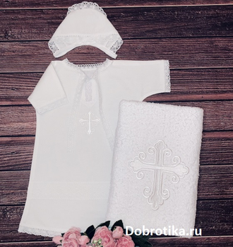 Тёплое платье-рубашка для крещения девочки "Классическое": 100% хлопок (фланель), кружево, вышитый крестик; размеры 56-62, 68, 74-80, 86- 92, 98-104 (рост в см), можно вышить любое имя