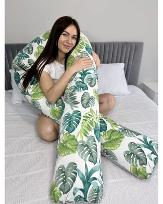 Подушка для беременных U 340 см  х 35 на молнии с ластовицей наполнитель искусственный пух + наволочка на молнии Сатин Листья