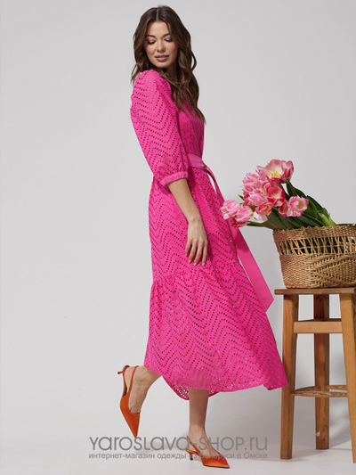 Нарядное платье с воланом из хлопка, ткань-шитьё малинового цвета