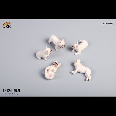 Французские бульдоги, набор из 5 фигурок (белые) - Коллекционная ФИГУРКА 1/12 scale Miniature French bulldog (JXK058B) - JXK