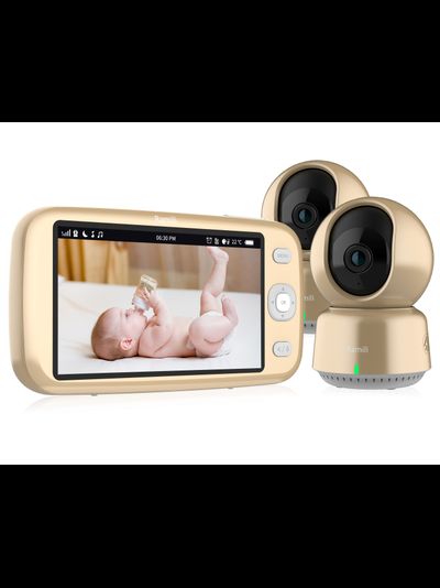 Wi-Fi видеоняня Ramili Baby RV1600X2 с повышенной дальностью (монитор-камера до 400 м), монитор 5" и 2 поворотные видеокамеры, просмотр через мобильные устройства по сервису р2р, DVR, Full HD 2 Mp