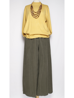 Брюки вельветовые"Палаццо защипы пояс" хаки до 54