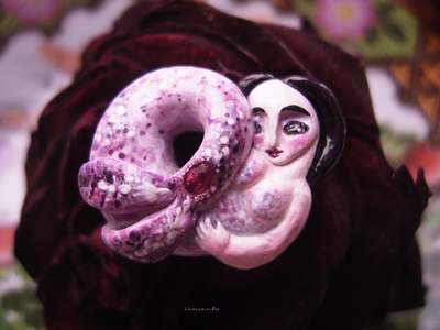 Брошь в технике скульптурной миниатюры "Русалочка - Морская Роза" с натуральным рубином