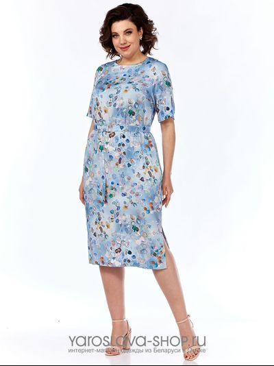 Модель: 2627.Платье прямое из вискозы голубого цвета с рисунком.
