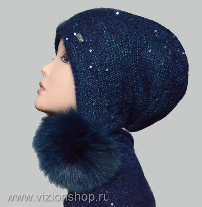 Синяя шапка ушанка с помпонами зима 2019 Италия Визио Vizio 6240