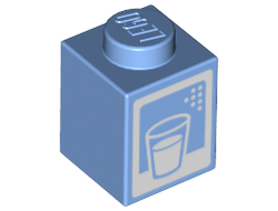 Brick 1 x 1 with White Glass Outline, Drink, and Border Pattern Milk Carton, Medium Blue (3005pb044 / 6329591)