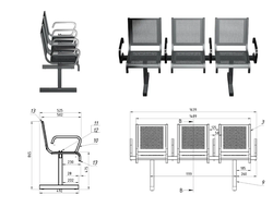 Секция стульев перфорированная трёхместная  с подлокотниками СП1