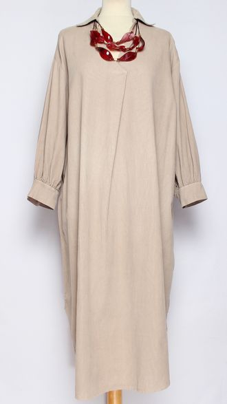 Платье-рубашка "Вельвет пышный рукав "  бежевое, лаванда, горчица до р.54