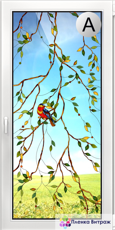 Витражная пленка, витражная пленка самоклеющаяся под заказ,пленочный витраж флора с птицами