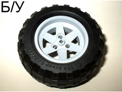 ! Б/У - Wheel 56mm D. x 34mm Technic Racing Medium, 3 Pin Holes with Black Tire 94.8 x 44 R Balloon 44772 / 54120, Light Bluish Gray (44772c02) - Б/У